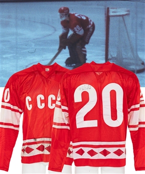 Vladislav Tretiaks Late-1970s Russian National Team / CCCP Signed Game-Worn Jersey with Great Provenance - Attributed to 1978 IIHF World Championships!