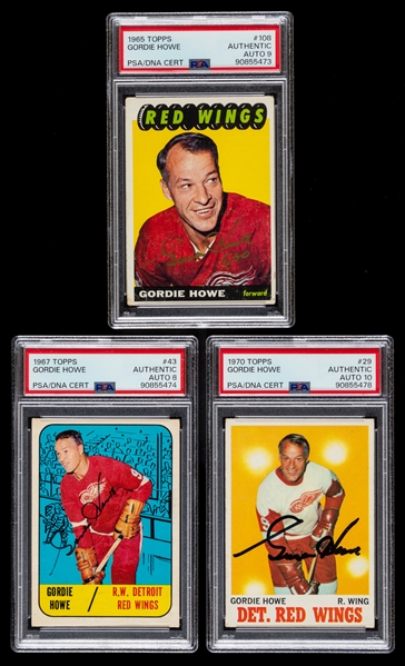 1965-66, 1967-68 and 1970-71 Topps Signed Hockey Cards of Deceased HOFer Gordie Howe (PSA/DNA Certified Authentic Autographs)