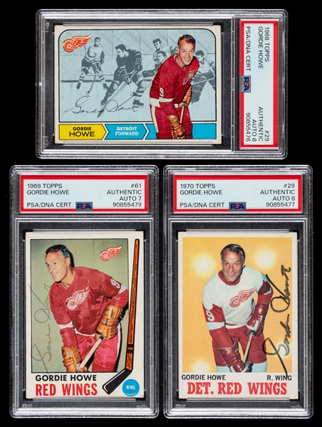 1968-69, 1969-70 and 1970-71 Topps Signed Hockey Cards of Deceased HOFer Gordie Howe (PSA/DNA Certified Authentic Autographs)