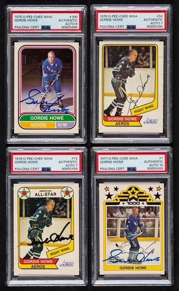 1975-76, 1976-77 and 1977-78 O-Pee-Chee WHA Signed Hockey Cards (4) of Deceased HOFer Gordie Howe (PSA/DNA Certified Authentic Autographs)