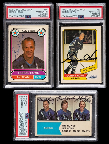 1975-76 and 1976-77 O-Pee-Chee WHA Signed Hockey Cards of Deceased HOFer Gordie Howe Plus 1974-75 O-Pee-Chee WHA Signed by The Howes (PSA/DNA Certified Authentic Autographs)