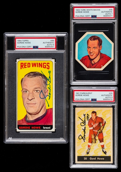 1961-62 Parkhurst, 1963-64 York and 1964-65 Topps Signed Hockey Cards of Deceased HOFer Gordie Howe (PSA/DNA Certified Authentic Autographs)