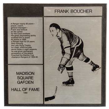 Frank Bouchers 1968 Madison Square Garden Hall of Fame Plaque Originating from His Personal Collection (9" x 9")