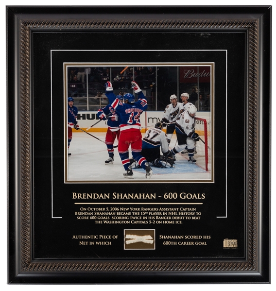 Deceased HOFer King Clancy Signed Framed Artwork, Brendan Shanahan 600th Goal Net Piece Framed Display and 2023 HOF Induction Ticket and Poster Signed by Lundqvist, Barrasso, Turgeon and Vernon