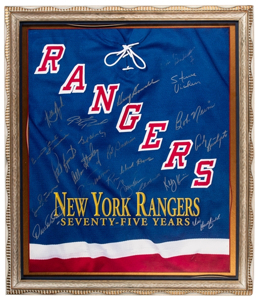 New York Rangers 75th Anniversary Framed Multi-Signed Book Cover Print with Team COA (24 1/2" x 29")