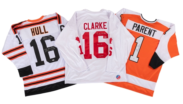 Bernie Parent Philadelphia Flyers, Bobby Clarke Team Canada and Bobby Hull NHL All-Star Signed Jerseys - Each PSA/DNA Certified