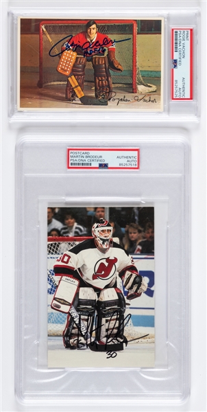 Hall of Fame Goaltenders Martin Brodeur (Devils) and Rogatien Vachon (Canadiens) Signed Postcards - Both PSA/DNA Certified