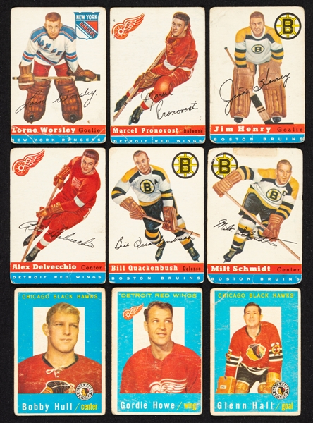 1954-55 to 1961-62 Topps Hockey Cards (133) Including 1959-60 Starter Set (46/66 with 47-Hull & 63-Howe) and 1960-61 Stan Mikita Rookie Cards (2)