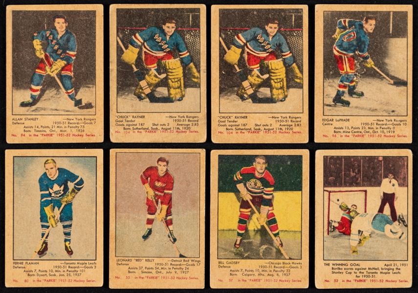 1951-52 Parkhurst Hockey Cards (26) Including Rookie Cards of HOFers #37 Gadsby, #55 Kelly, #80 Flaman, #94 Stanley, #96 Laprade and #104 Rayner (2) Plus #52 Barilko Winning Goal