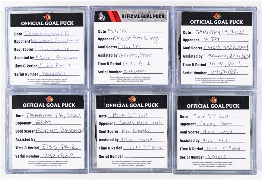 Ottawa Senators 2015 to 2022 Game-Used Goal and Warm-Up Puck Collection of 16 - Most With COAs!