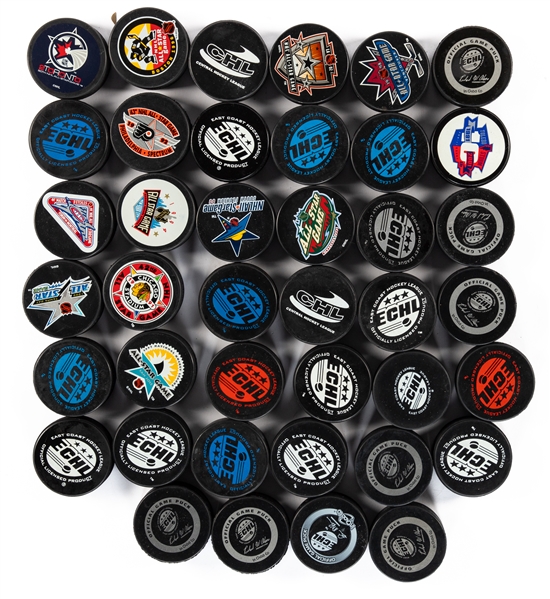 Large Signed and Unsigned Game and Souvenir Puck Collection of 100+ Including NHL, AHL, ECHL, CHL, OHL and Others 