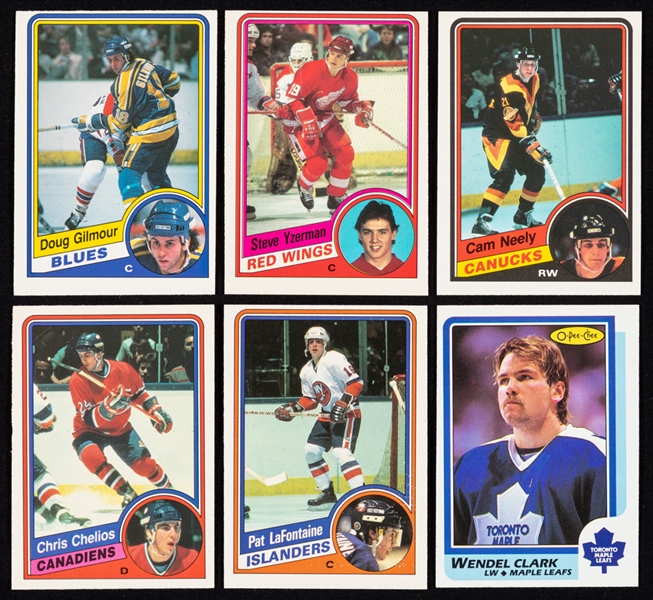 1984-85 to 1989-90 O-Pee-Chee Hockey Rookies Cards (33) Including Neely, Chelios, Gilmour, LaFontaine, Yzerman, MacInnis, Clark, Vernon, Oates, Robitaille, Hull, Nieuwendyk, Turgeon, Shanahan & Others