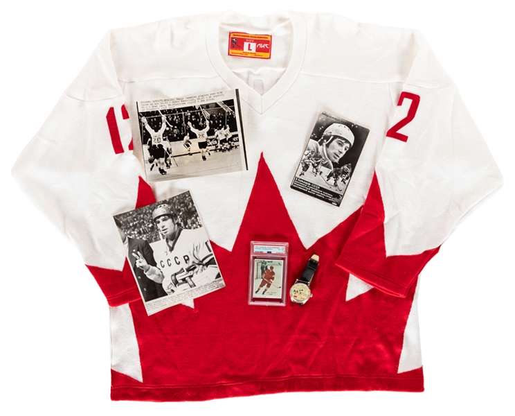 1972 Canada-Russia Series Team Canada Jersey Signed by Yvan Cournoyer, Series Watch, PSA Graded Valeri Kharlamov Card and Photos (2)