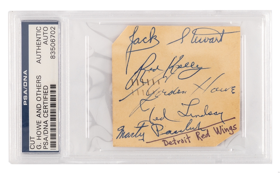 Detroit Red Wings Circa 1948-49 Multi-Signed Cut Including Deceased HOFers Gordie Howe, Jack Stewart, Red Kelly and Ted Lindsay - PSA/DNA Certified