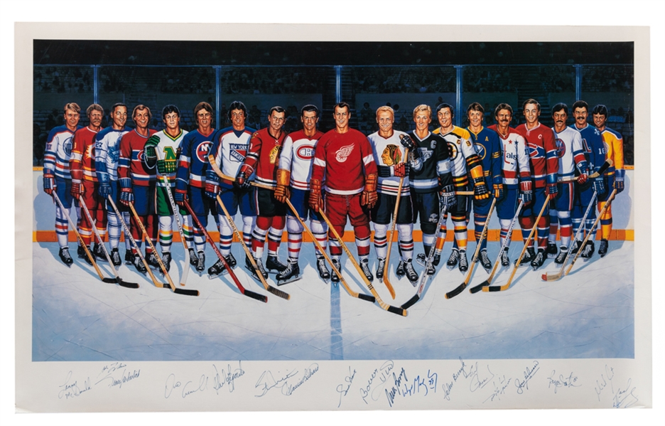 500-Goal Scorers Lithograph Signed by 18 Including Gretzky and Deceased HOFers Maurice Richard, Gordie Howe, Bobby Hull, Guy Lafleur and Jean Beliveau From the Personal Collection of Phil Esposito