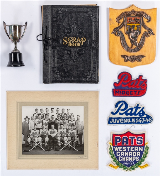 Paul Masnicks Late-1940s WCJHL Regina Pats Collection Including Trophy, Team Photo, Crests and Scrapbook from His Personal Collection with LOA 