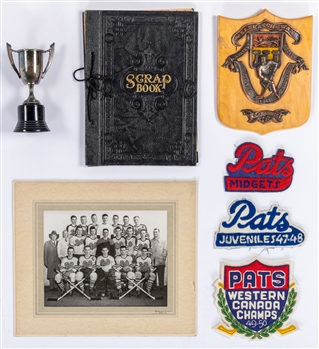 Paul Masnicks Late-1940s WCJHL Regina Pats Collection Including Trophy, Team Photo, Crests and Scrapbook from His Personal Collection with LOA 