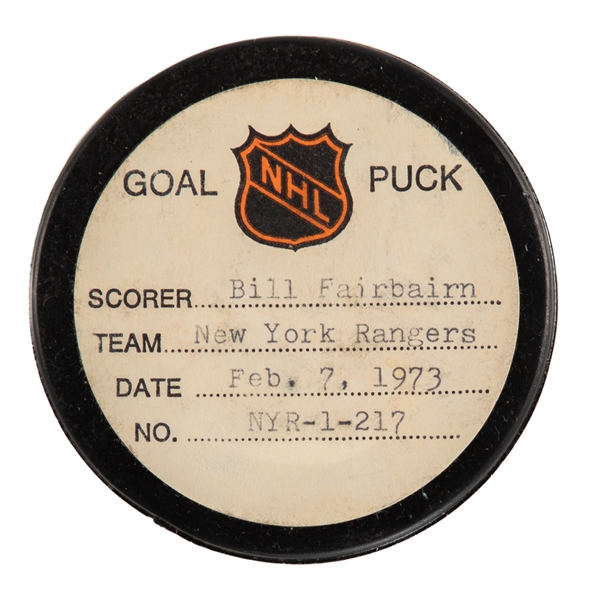 Bill Fairbairns New York Rangers February 7th 1973 Goal Puck from the NHL Goal Puck Program - Season Goal #22 of 30 / Career Goal #74 of 162