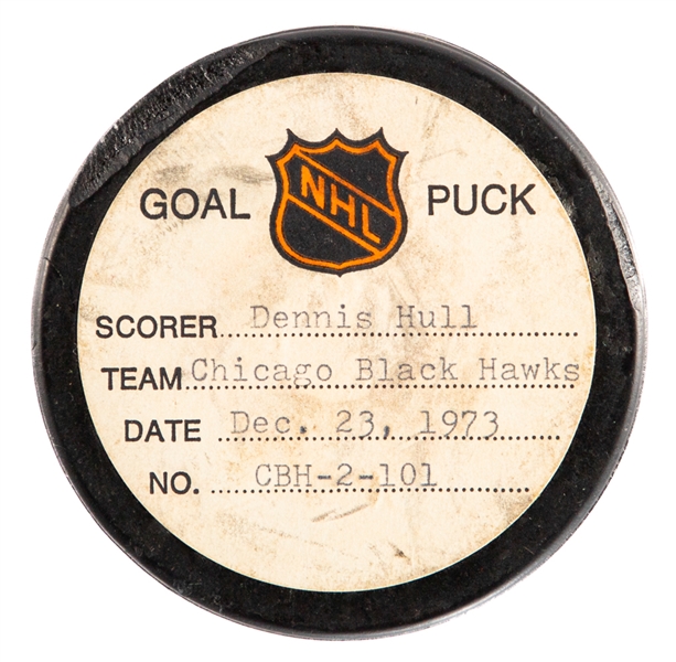 Dennis Hulls Chicago Black Hawks December 23rd 1973 Goal Puck from the NHL Goal Puck Program - Season Goal #13 of 39 / Career Goal #184 of 303