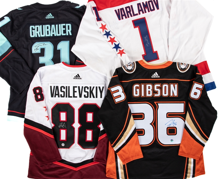 Andrei Vasilevskiy, Philipp Grubauer, Semyon Varlamov and John Gibson Signed Goalies Jersey Collection of 4 - Most with COAs/Authenticated! 