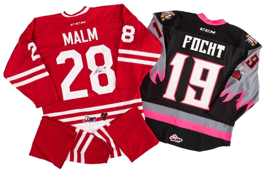 Carson Fochts (2017-18 Black & Pink) and James Malms (2018-19 Corral Series Cowboys) WHL Calgary Hitmen Game-Worn Jerseys with Team LOAs