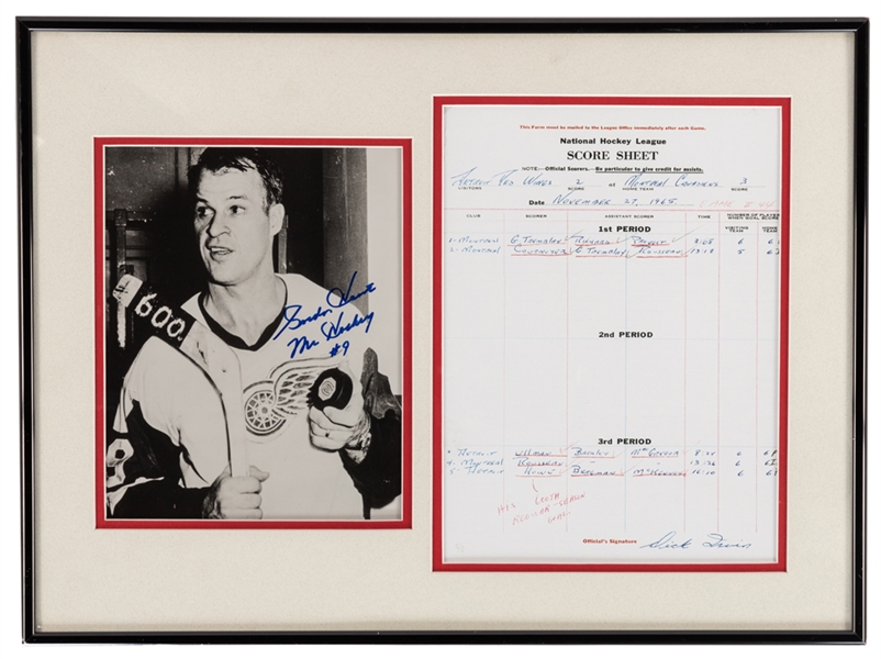 Gordie Howe Signed and Unsigned Memorabilia Collection Including Signed and Framed 600th Goal Game Sheet Display and Signed "Mr. Hockey" Louisville Slugger Baseball Bat