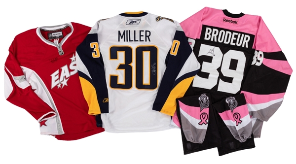 Ryan Miller and Daniel Alfredsson Signed Jersey Collection of 2 Plus Anthony Brodeurs 2013-14 QMJHL Gatineau Olympiques "Pink in the Rink" Game-Worn Signed Jersey with JSA Auction LOA