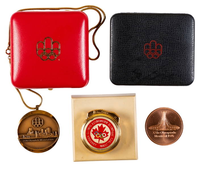 1976 Montreal Olympics Official Participation Medal in Original Presentation Case Plus Souvenir Medallion and Scarce Fisher Lighter