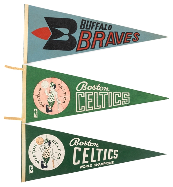 Vintage NBA - National Basketball Association 1970s/1980s Full Size Pennants (19) Including Celtics (World Champions), Bulls, Lakers, Warriors, Cavaliers, Bucks, Pistons, Jazz, Spurs and Others