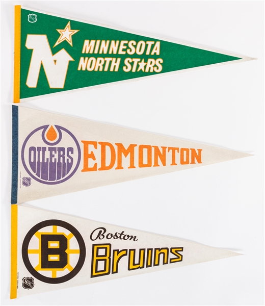 Vintage NHL - National Hockey League 1970s/1980s Full Size Pennants (15) Including Canucks, Rockies, Canadiens, Red Wings, Bruins, Rangers, Jets, Kings, Sabres, Oilers, North Stars and Others