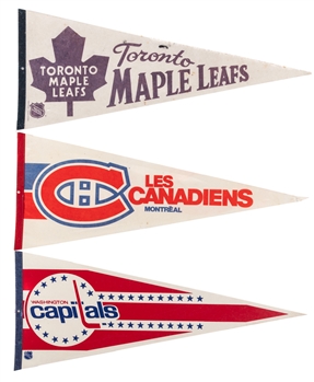 Vintage NHL - National Hockey League 1980s Full Size Pennants (21) Including Black Hawks, North Stars, Flyers, Whalers, Islanders, Sabres, Rangers, Flames, Capitals, Kings, Oilers and Others