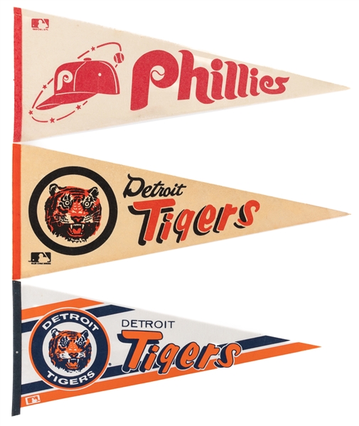 Vintage MLB - Major League Baseball 1970s to 1990s Full Size Pennants (38) Including Tigers, Phillies, Twins, Yankees, Orioles, Red Sox, Braves, Mariners, Brewers, Reds, Giants and Others