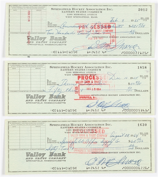 Deceased HOFer Eddie Shore Springfield Hockey Association Signed Mid-1960s Checks (3) with LOA