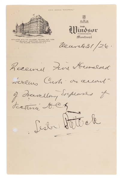 Deceased HOFer Lester Patrick Signed 1926 Windsor Hotel Letterhead with LOA - Signed as WHL Victoria Cougars Head Coach/Player During the 1926 Stanley Cup Finals!