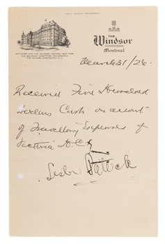 Deceased HOFer Lester Patrick Signed 1926 Windsor Hotel Letterhead with LOA - Signed as WHL Victoria Cougars Head Coach/Player During the 1926 Stanley Cup Finals!