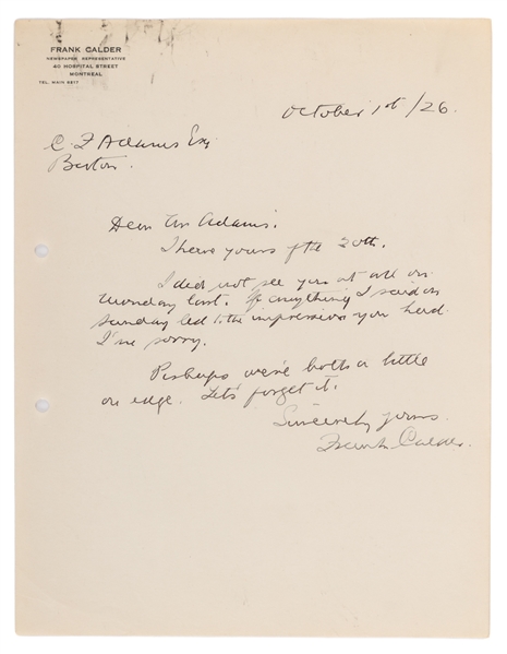 Deceased HOFer Frank Calder Signed Personal Letterhead Sent to HOFer Charles F. Adams with LOA 