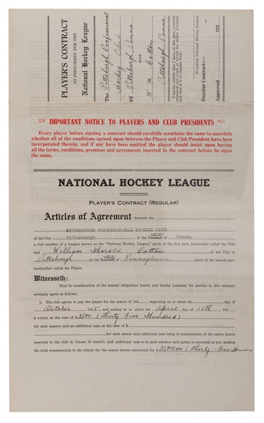 Harold "Baldy" Cotton 1925-26 NHL Pittsburgh Pirates Official NHL Players Rookie Contract - Inaugural Season in NHL for the Pirates!