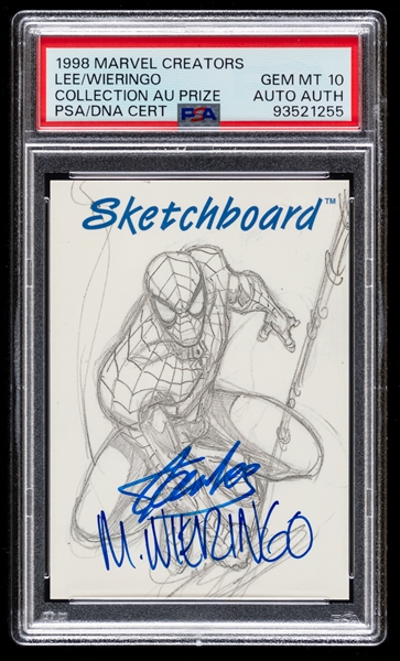 1998 Skybox Marvel Creators Collection Autograph Prize Spiderman Sketchboard Card Dual-Signed by Stan Lee and Mike Wieringo (/100)- Graded PSA GEM MT 10