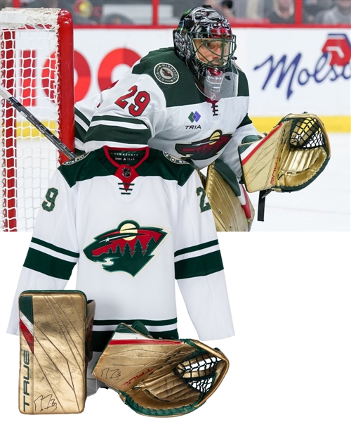 Marc-Andre Fleury’s 2022-23 Minnesota Wild Signed True L20.2 Game-Used Blocker and Glove - Photo-Matched!