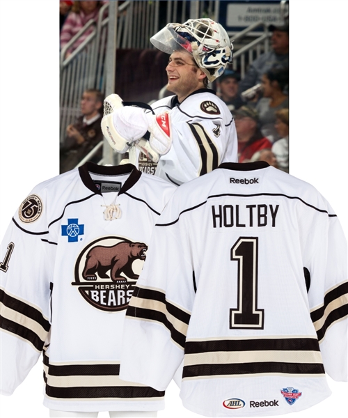 Braden Holtbys 2012-13 AHL Hershey Bears Game-Worn Jersey - Bears 75th Anniversary and 2013 Calder Cup Playoffs Patches! - Photo-Matched!