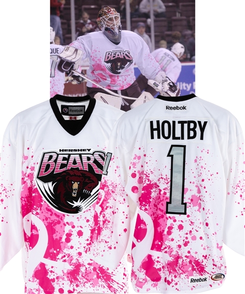 Braden Holtbys 2011-12 AHL Hershey Bears "Pink in the Rink" Game-Worn Jersey 