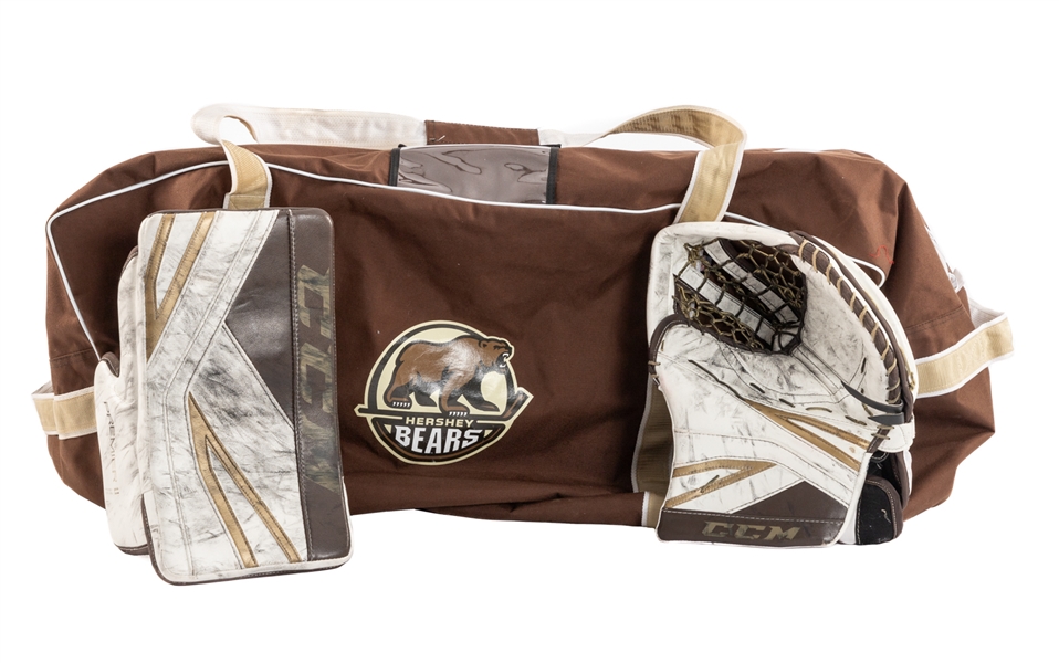 Ilya Samsonovs 2018-19 AHL Hershey Bears CCM Premier Series II Game-Worn Glove and Blocker Set Plus Bears Equipment Bag - Photo-Matched!