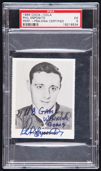 1965-66 Coca-Cola Signed Hockey Card of HOFer Phil Esposito Rookie - Card Graded PSA 5 / Autograph PSA/DNA Certified - "118 Game Winning Goals" Annotation