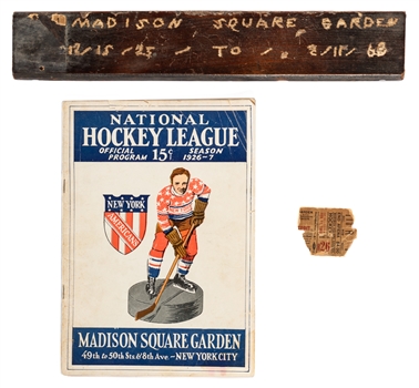 Madison Square Garden 1926-27 Program from The New York Rangers Inaugural Season, Slab of Wood Chair From MSG (1925-68) and February 11th 1968 Ticket Stub from the Last Game at The Old MSG