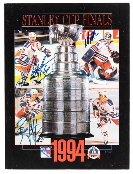 New York Rangers 1994 Stanley Cup Finals Program Signed by Mark Messier, Brian Leetch and Mike Richter with JSA Auction LOA