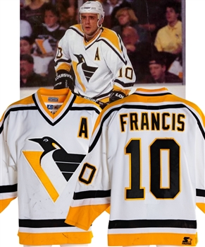 Ron Francis 1996-97 Pittsburgh Penguins Alternate Captains Game-Worn Jersey with LOA - Nice Game-Wear! - Team Repairs! - Video-Matched!