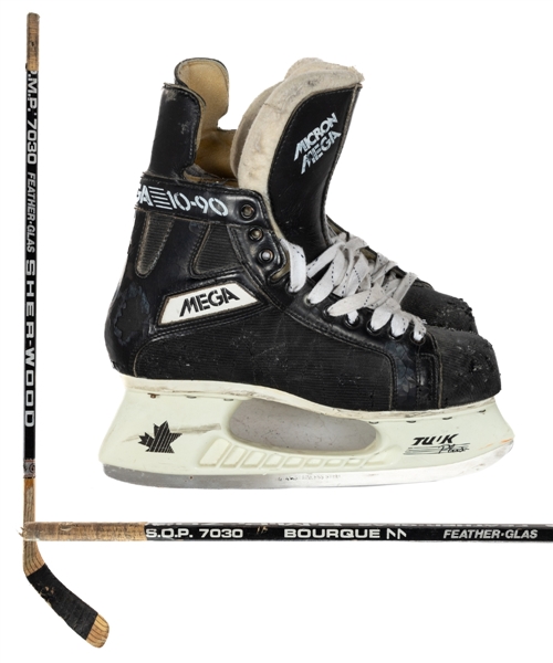 Ray Bourques 1993-94 Boston Bruins Micron Mega 10-90 Game-Used Skates and Early-1990s Sher-Wood P.M.P. 7030 Game-Used Stick