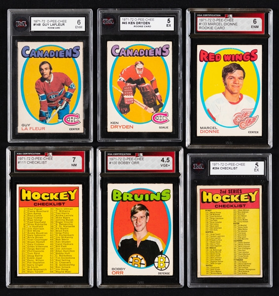 1971-72 O-Pee-Chee Hockey Complete 264-Card with KSA-Graded Cards (16) Including Rookie Cards of HOFers #45 Ken Dryden (EX 5), #148 Guy Lafleur (ENM 6) and #133 Marcel Dionne (ENM 6)