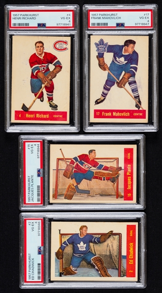 1957-58 Parkhurst Hockey Complete 50-Card Set with PSA-Graded Cards (8) Inc. HOFers #4 H. Richard Rookie (VG-EX 4), #17 F. Mahovlich Rookie (VG-EX 4), #5 M. Richard (EX 5) and #15 Plante (VG-EX 4)