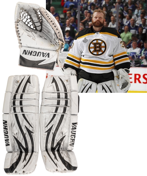 Tim Thomas 2010-11 Boston Bruins Vaughn V4 Stanley Cup Finals Game-Worn Pads and Vaughn Epic Stanley Cup Finals Game-Worn Glove from His Personal Collection with His Signed LOA - Both Photo-Matched!